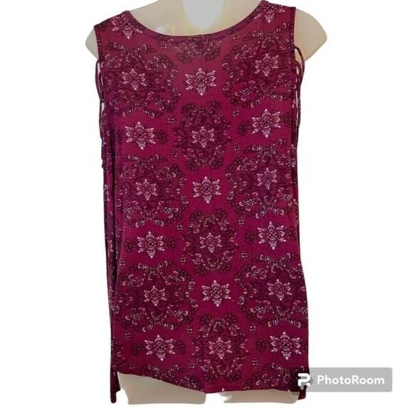 Mudd Burgundy Floral Print Long Sleeve Cold Shoulder Top Size Large - Picture 2 of 7